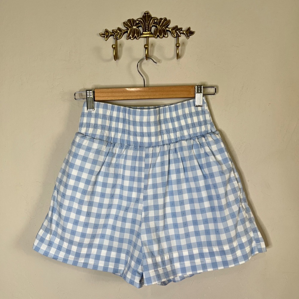 Hill House Home Shorts Size XS Blue Gingham Cotton Smocked High Rise Lined